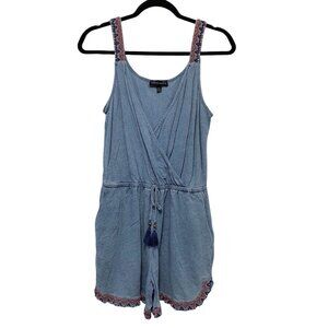 Spenser Jeremy Solid Light Blue Denim Embroidered V-neck Sleeveless Romper S/P